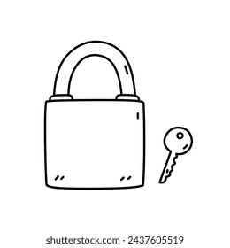 Padlock with key isolated on white background. Vector hand-drawn doodle illustration. Perfect for decorations, logo, various designs.