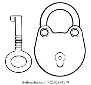 Padlock and key. Isolated on white. Coloring page. Black line. Vector illustration.