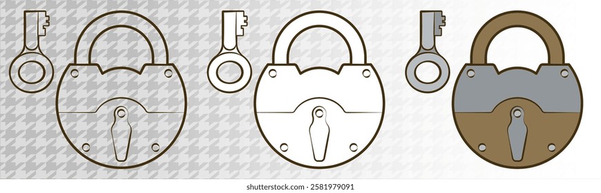 Padlock and key. Isolated on white. Coloring page. Black line. Vector illustration.
