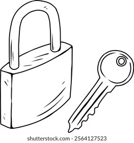 padlock and key line art hand drawn