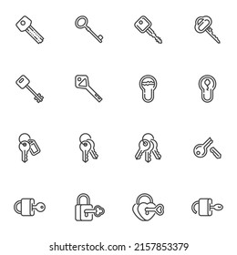 Padlock key line icons set, outline vector symbol collection, linear style pictogram pack. Signs, logo illustration. Set includes icons as heart shape padlock, lock with key
