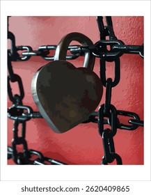 a padlock key with a love heart symbol, is being locked inside an iron frame, with a red background.