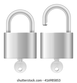 Padlock and key on a white background.
