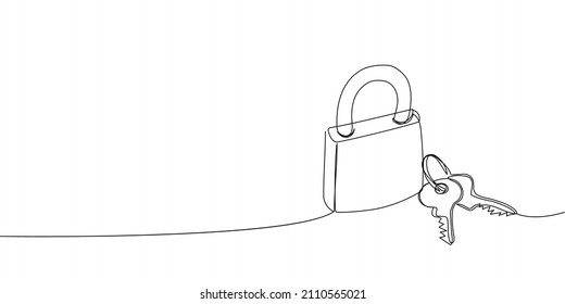 Padlock and key set continuous line drawing. One line art of time of protection, security, lock, love, related, key, open, solution, couple, symbolism.