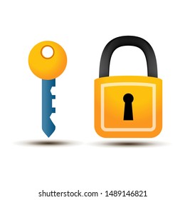 Padlock and key with shadow on a white background