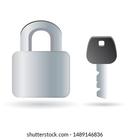 Padlock and key with shadow on a white background