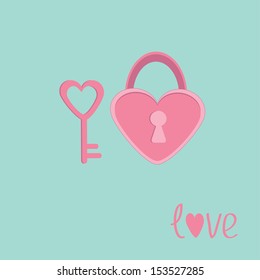 Padlock and key in shape of heart. Love card. Vector illustration