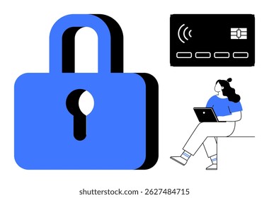 Cadeado com fechadura, cartão de crédito com símbolo sem contato, individual usando tablet. Ideal para segurança on-line, tecnologia financeira, comércio eletrônico, proteção de dados, identidade digital, pagamentos seguros