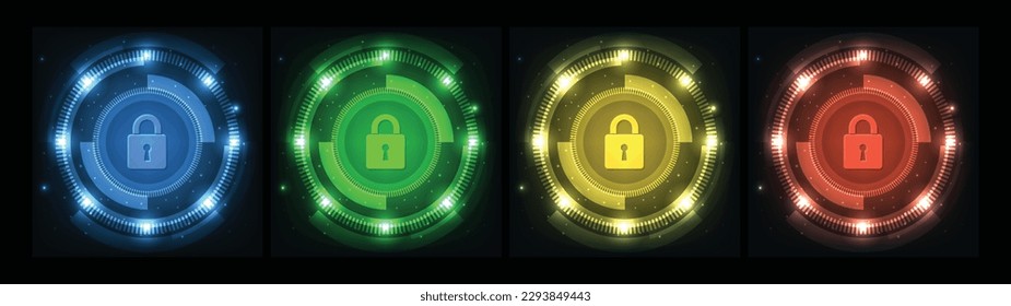 Padlock con icono de Keyhole en Protección de datos confidencial y datos cibernéticos. Tecnologías de seguridad de Internet de color azul, rojo, amarillo y verde para los negocios. Vector.