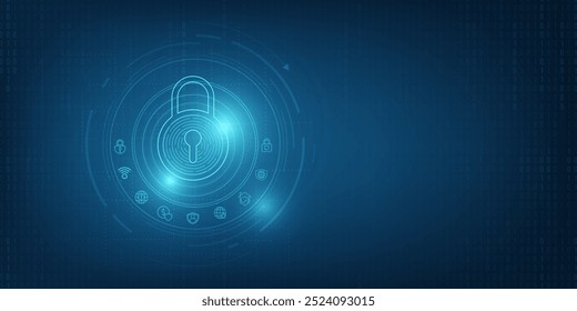 Candado con el icono de Keyhole en. seguridad de datos personales Ilustra los datos cibernéticos o la idea de privacidad de la información. color azul abstracto de alta velocidad de la tecnología de Internet.	