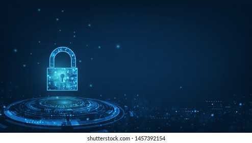 Padlock With Keyhole icon in personal data security Illustrates cyber data or information privacy idea. blue color abstract hi speed internet technology.