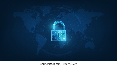 Padlock With Keyhole icon in personal data security Illustrates cyber data or information privacy idea. blue color abstract hi speed internet technology.