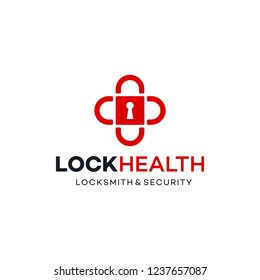 Padlock Keyhole Protection with Plus Sign Medical Health Logo Design Inspiration