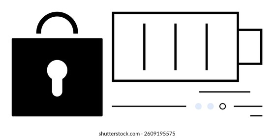 Padlock with keyhole symbol next to a three-quarters full battery icon. Ideal for cybersecurity, data protection, privacy, secure storage, battery life, energy conservation, technology themes. Line