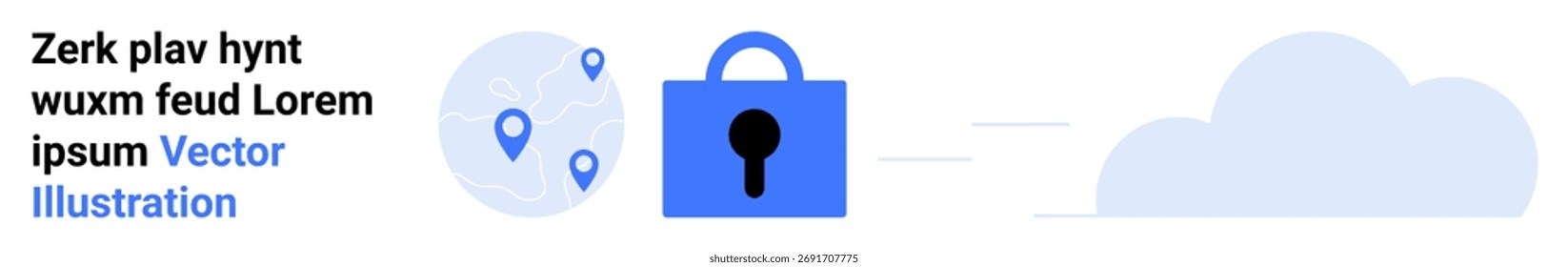 Padlock with keyhole, three blue location markers on world map, and cloud graphic. Ideal for cybersecurity, data protection, cloud services, online privacy, network security, secure data storage