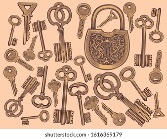 Padlock and keys. Design set. Art detailed editable illustration. Vector vintage engraving. Isolated on color background. 8 EPS