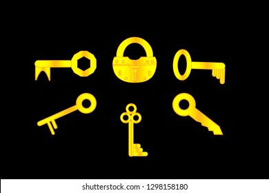 padlock and keys isolated on black background