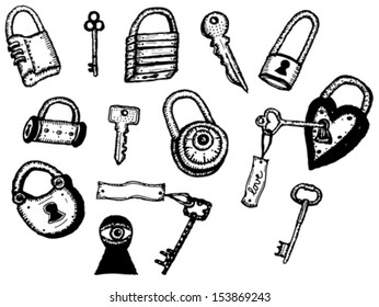 Padlock And Keys Security Icons Set/ Illustration of a set of hand drawn doodle iron padlock, key and security icons isolated on white background