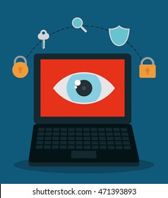 padlock laptop key eye shield lupe cyber security system technology icon. Colorful and flat design. Vector illustration