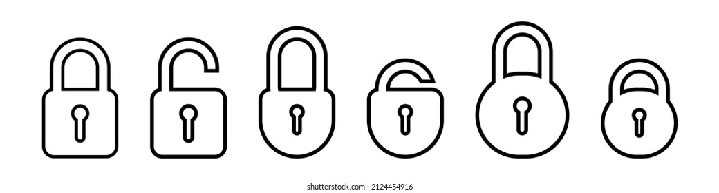 Padlock line icons. Lock black icon set. Locked and unlocked security symbol. Vector illustration isolated on white background. EPS 10