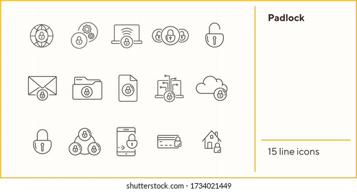 Padlock line icons. Set of line icons. Phone with padlock, planet. Security concept. Vector illustration can be used for topics like information security, computing