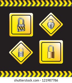 padlock with lines of caution over black background
