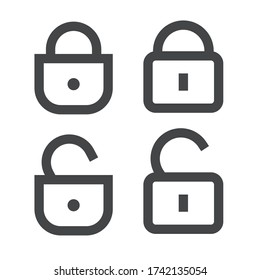 Padlock or lock icon vector open and closed line outline art isolated symbol, unlocked and locked padlocks secured or protected sign clipart
