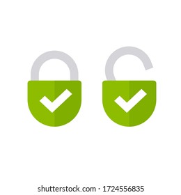 Padlock or lock icon open and closed flat vector isolated symbol, unlocked and locked padlocks with checkmarks as secured or protected sign green color