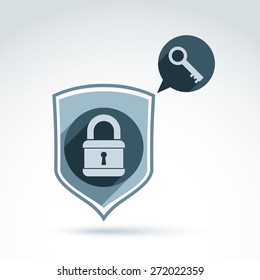 Padlock lock and key safety theme icon with a shield silhouette, vector conceptual unusual symbol for your design.