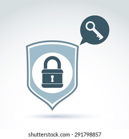 Padlock lock and key safety theme icon with shield, vector conceptual unusual symbol for your design. EPS8