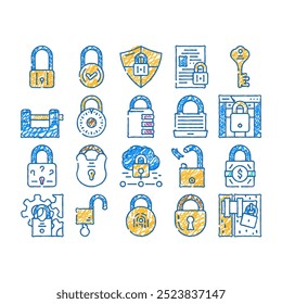 padlock lock safe password doodle icons set vector. sketch line art privacy secure, security protection, internet element, web keyhole, system padlock lock safe password color illustrations