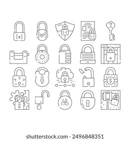 Vector de conjunto de iconos de Contraseña seguros de candado, protección de seguridad, elemento de Internet, ojo de la cerradura del Web, sistema de bloqueo de candado Contraseña segura Ilustraciones de contorno negro