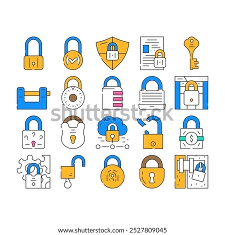 padlock lock safe password icons set vector. privacy secure, security protection, internet element, web keyhole, system padlock lock safe password color Contour Illustrations