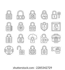 padlock lock safe password key icons set vector. privacy secure, security protection, internet element, web keyhole, system secret padlock lock safe password key black contour illustrations