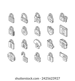 padlock lock safe password key isometric icons set. privacy secure, security protection, internet element, web keyhole, system secret padlock lock safe password key color line
