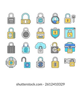 padlock lock safe password key icons set vector. privacy secure, security protection, internet element, web keyhole, system secret padlock lock safe password key color line illustrations