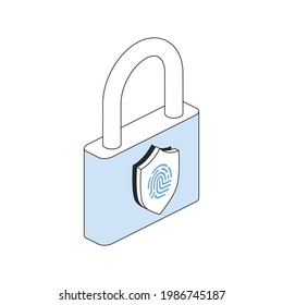 Padlock lock, security shield, biometrics fingerprint. Vector 3d line isometric, color web icons, new flat style. Creative design idea for infographics.