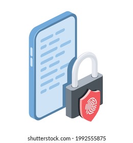 Padlock, lock security shield fingerprint, smartphone. Vector 3d symbol, isometric, color web icons, new flat style. Creative design idea, concept for infographics.