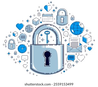 Padlock lock surrounded by different icons set, internet protection concept, antivirus or firewall, data protection personal account password, vector design.