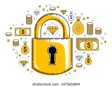 Padlock lock surrounded by dollar money icons set, electronic money protection concept, savings insurance, safe business, personal account password, vector design.