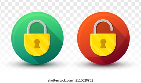 
Padlock lock and unlock icon on green and red 3D vector buttons
