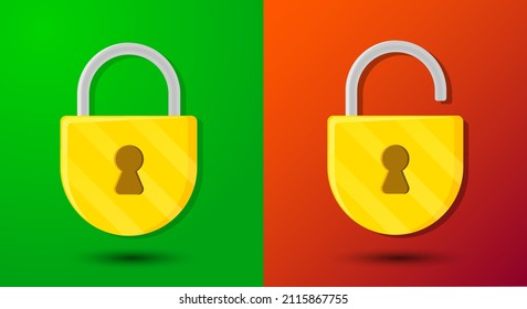 Padlock lock and unlock icon on green and red background.
