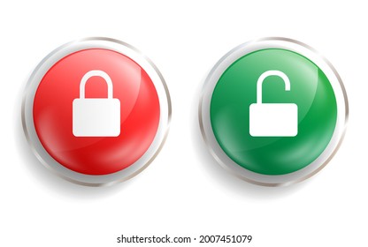 Padlock lock and unlock icons on green and red button. Open and closed symbol in round badge. Isolated emblems on white background. Glossy glass circles with sign. Vector illustration EPS10