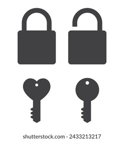 Padlock locked and closed with key heart shape icon