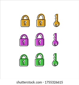 Padlock locked, unlocked and key modern minimalist vector icon for app button