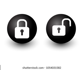 padlock locked and unlocked lock vector web circle button icon black and white with shadow, eps 10