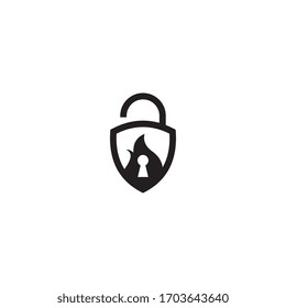 Icono del logotipo Padlock con elemento gráfico de incendio.