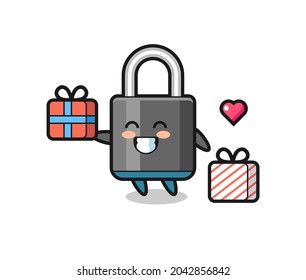 padlock mascot cartoon giving the gift , cute style design for t shirt, sticker, logo element