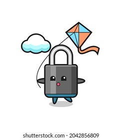 padlock mascot illustration is playing kite , cute style design for t shirt, sticker, logo element