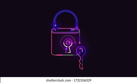 Padlock and master key digital tech neon light logo icon security concept abstract background